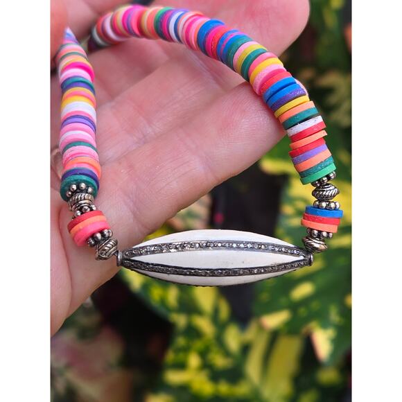 Multi Color Puka Shell Necklace w/Pave Diamond, Sterling Silver & White Enamel - Picture 1 of 10